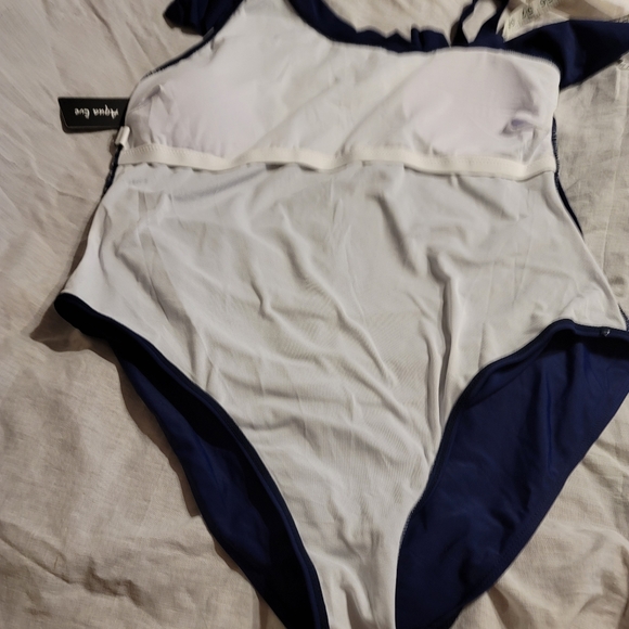 NWT Plus Size One shoulder One Piece Ruffle Tummy Control Navy Blue Swimwear 22w - Picture 8 of 12